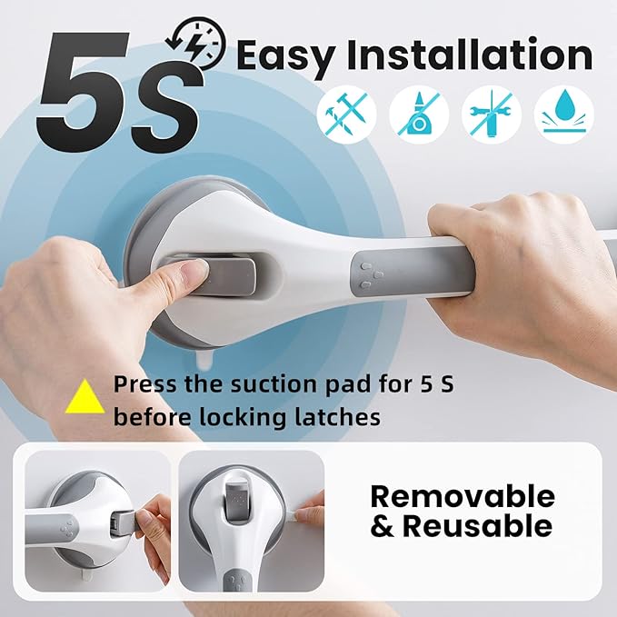 TAILI Shower Grab Bar 16 Inch Suction Cup Grab Bars for Bathroom, Removable Shower Safety Handle Heavy Duty Bathtub Grip for Seniors & Elderly, Strong Handrails No Drilling Waterproof, Grey,G9