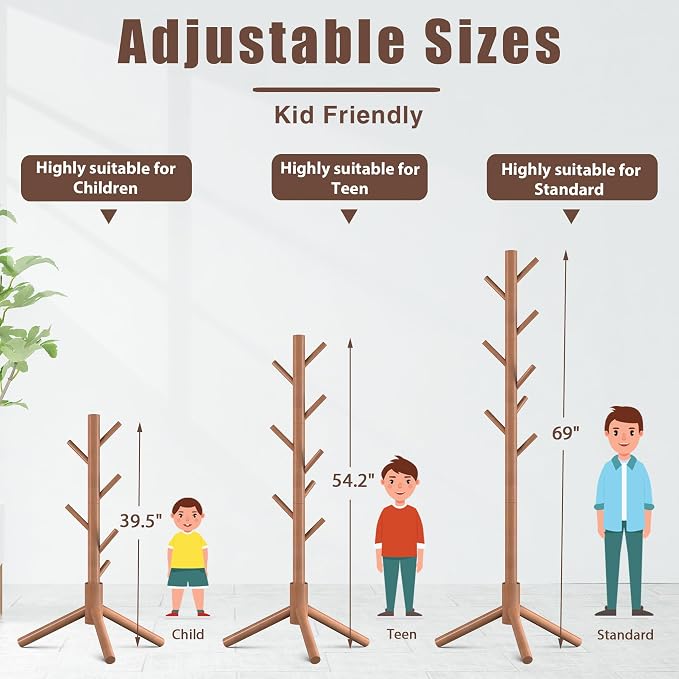 Haddockway Wooden Coat Rack Stand with 8 Hooks New Zealand Pine 3 Adjustable Coat Standing Tree Easy Assembly for Coats, Hats, Scarves and Handbags for Entryway, Hallway, Bedroom, Office,2 PCS