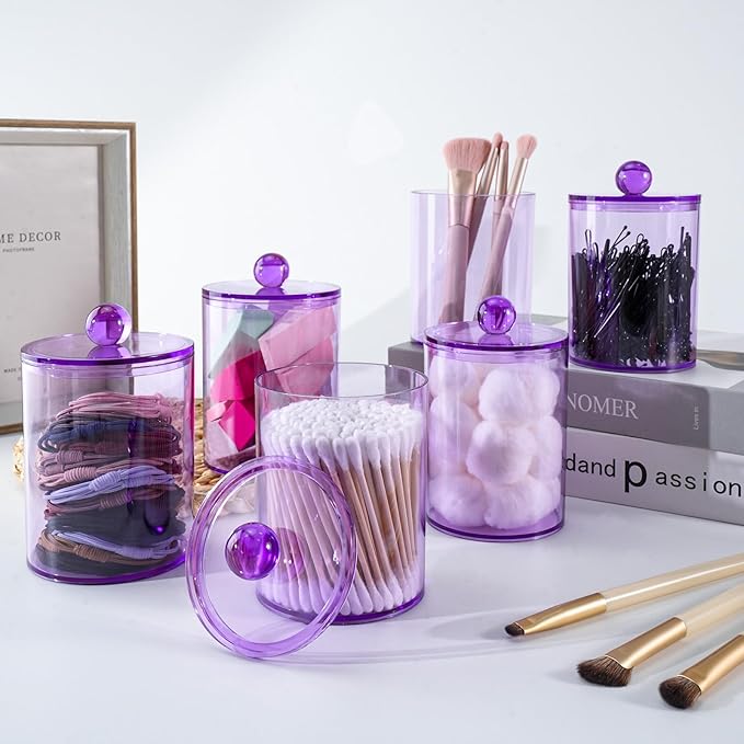 XIPENGKEJI 4 Pack Qtip Holder,Canister Apothecary Jar Set, Bathroom Jars with Lids Set for Cotton Swabs, Balls, Pads, Floss Picks,10oz-12oz Plastic Canisters Restroom Bedroom Vanity Organizer(Purple)