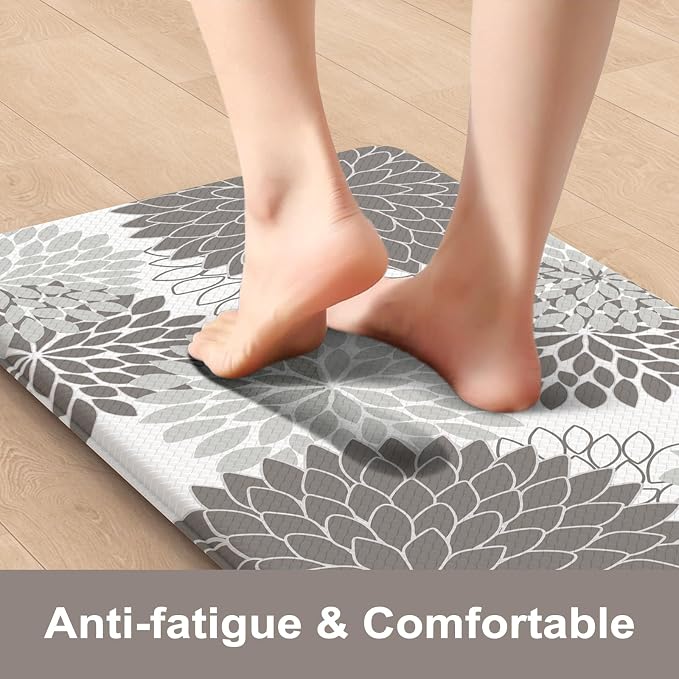 Anti Fatigue Kitchen Mats,Non Slip Boho Dahlia Kitchen Rugs Sets 2 Piece, Waterproof Farmhouse Kitchen Mat for Floor,Cushioned Standing Mat for Office,Laundry,Sink,Desk,Grey