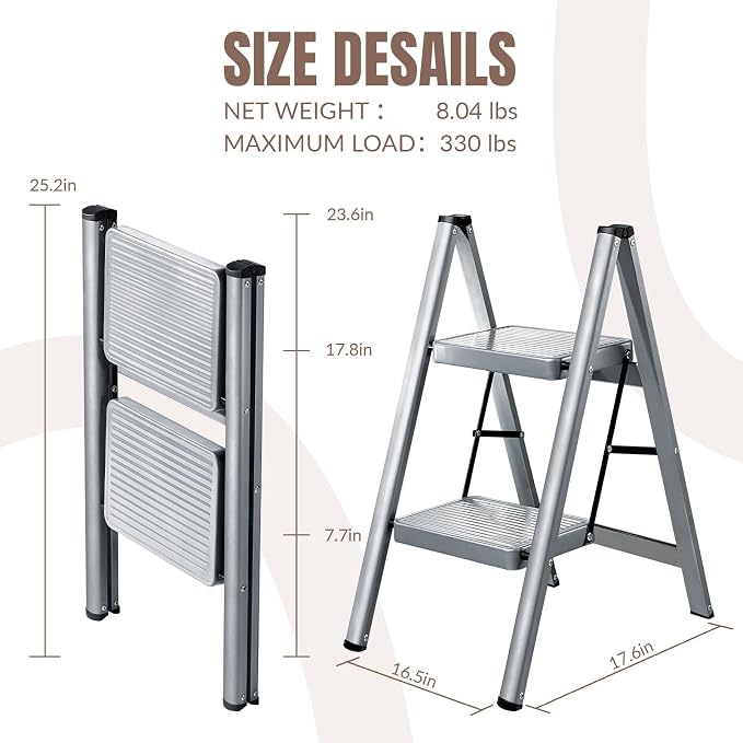 XinSunho 2 Step Ladder, Folding Step Stool with Anti-Slip Wide Pedal, Portable Sturdy Steel Ladder 2 Steps, 330lbs Safety Kitchen & Household Ladder