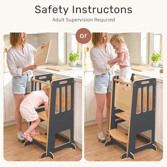 WINGYZ Toddler Tower - Anti-Tip Natural Wood Learning Stool Helper for Kids 18M-6Y, 150lb Capacity Kitchen Stool with 3-Height Adjustable Platform and Sliding Door Access, 20lb Portable Design, Black