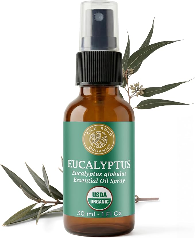Silk Road Organic Eucalyptus Essential Oil Spray, 100% Pure USDA Certified Aromatherapy - Congestion, Colds, Cough, Sinus, Allergies & Skin Care – 1 Oz Spray
