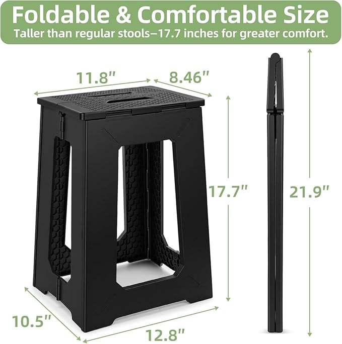 neotidy Foldable Stool Chair, 17.7” Tall Folding Seat for Adults up to 400 lb, Heavy-Duty Plastic Foldable Stool for Sitting, Portable Compact Folding Chair for Home Outdoor Camping, Black