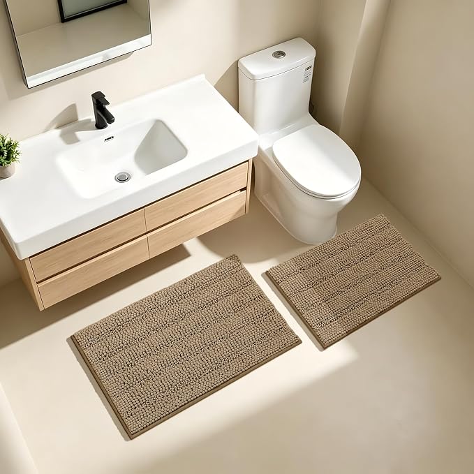 Bcoimo Bathroom Rug Set, Chenille Bath Mat Set with High Low Pile Design, Soft Absorbent Non Slip Bathroom Rugs, Machine Washable Quick Dry Mats for Shower, Tub, Sink and Vanity