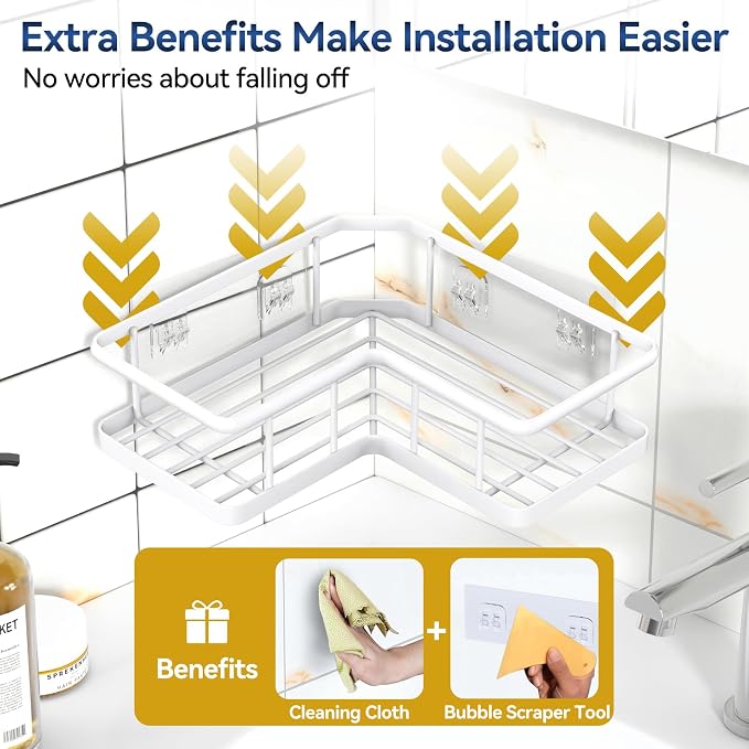 YASONIC Shower Caddy Corner, 3-Pack Adhesive Rustproof Stainless Steel Shower Shelves with Soap Holder, No Drilling Shower Organizer Corner for Dorm, Renters Bathroom, White