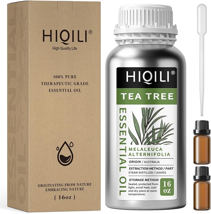HIQILI Tea Tree Oil 16 Fl Oz, for Skin, Hair, Nail, Diffuser, Soap Making, Includes Two Portable Decanters