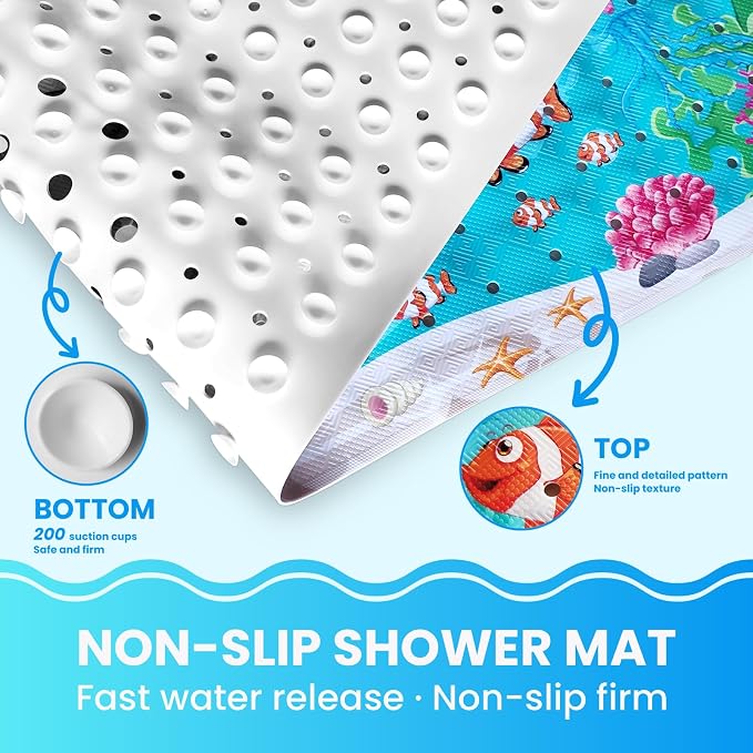 Baby Bath Tub Mat, 40 x 16 Inch Extra Large Non Slip Kids Cartoon Bathtub Shower Mats with Suction Cups & Drain Holes, Machine Washable for Bathroom, Undersea Sea Turtle