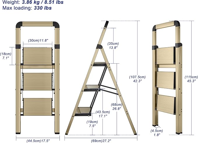 Step Ladder 3-Step Champagne Finish Aluminum Folding Ladders