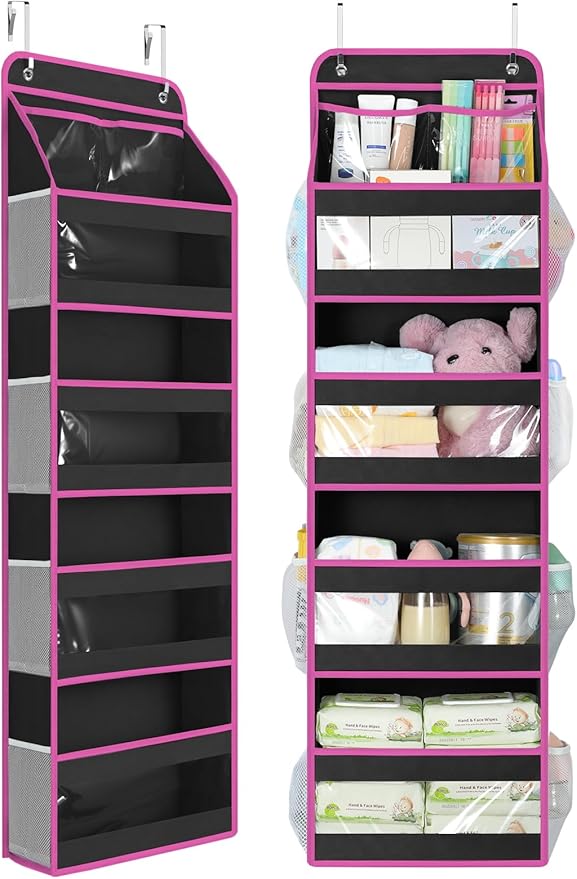 Yecaye 5 Tier 1Pc Over the Door Organizer, Stuffed Animal Storage with Clear PVC Windows, Door Organizer Hanging for Bedroom Nursery Closet Dorm Room Laundry Pantry Bathroom, Black and Pink, 1 Pack