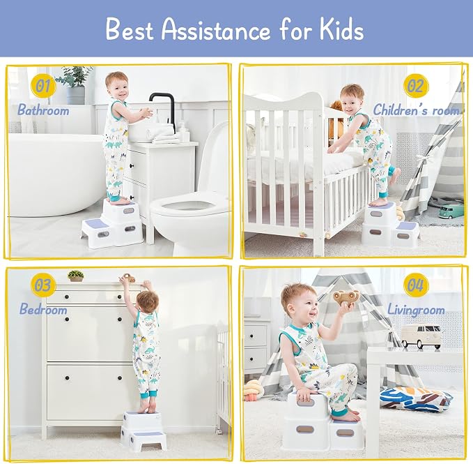Forbena Kids Step Stool for Bathroom, Two Stepping Stool for Toddlers Toilet Potty Training, Sturdy Children Plastic Step Stool for Bed Bathroom Kitchen Counter Sink (White-Blue)