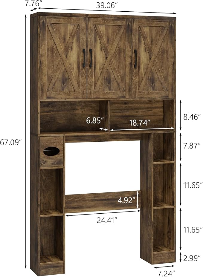 Over The Toilet Storage Cabinet, Farmhouse Toilet Cabinet Rack with 3 Barn Doors, Space Saving Bathroom Organizer with Shelves, Toilet Paper Holder and Towel Rack for Bathroom,Restroom, Dark Brown