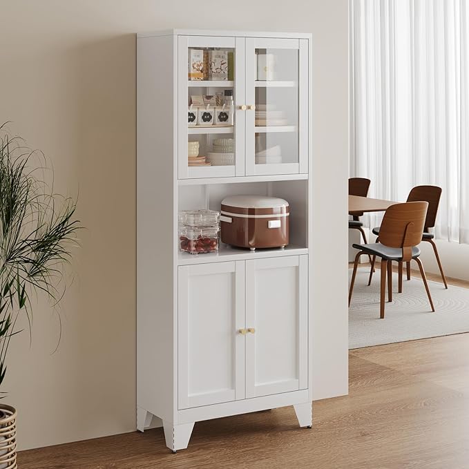 Bevivog 69" Pantry Cabinet,Tall Metal Storage Cabinet with 2 Glass Doors, Freestanding Display Cupboard Tall Bathroom Linen Cabinets with 5 Shelves Storage for Living Room Kitchen Pantry