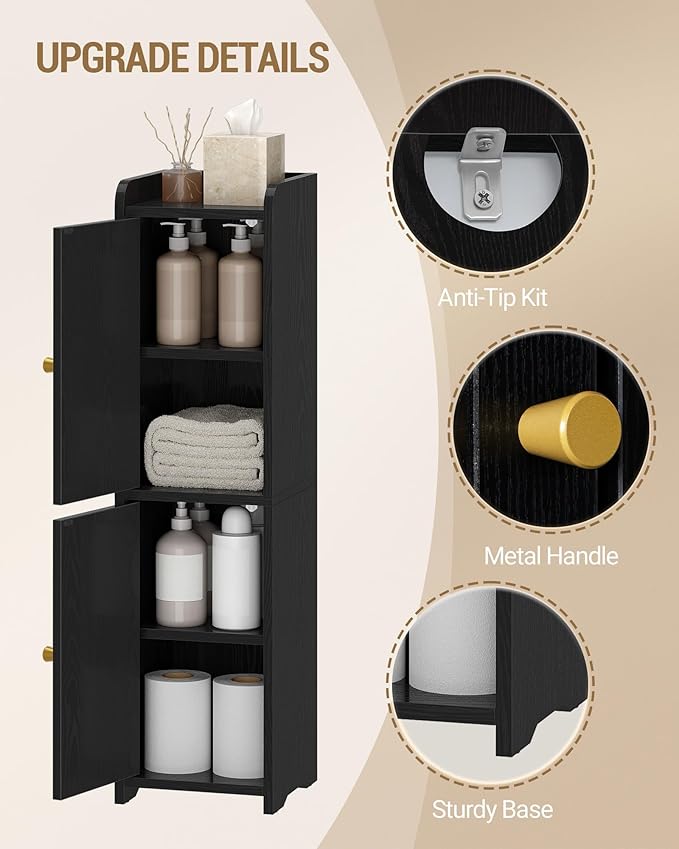 Hzuaneri Bathroom Storage Cabinet, Small Corner Floor Cabinet with 2 Doors and Adjustable Shelf, Narrow Toilet Paper Cabinets, Bathroom Organizer for Small Spaces, 7.9" D x 7.9" W x 29.5" H Black