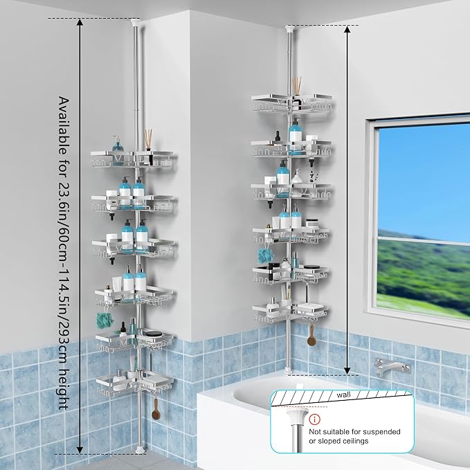KEGII Corner Shower Caddy Tension Pole, Adjustable Shower Tension Rod Organizer, Floor to Ceiling Shower Caddy 25-114.2 inch, Silver