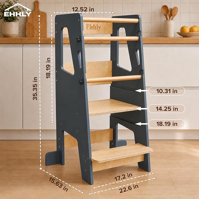 EHHLY Toddler Standing Tower Kitchen Helper – Extra Safe Adjustable 3-Level Learning Tower, Stable Wooden Toddler Kitchen Stool and Step Stool for Independent Learning (Gray)