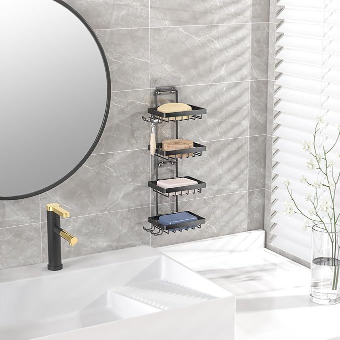 Moforoco 4 Tier Soap Bar Holder for Shower, No Drilling, 304 Stainless Steel, Wall Mounted Soap Holder with 4 Hooks and Razor Holder, Shower Rack Soap Tray Bar Soap for Bathroom Accessories Organizer