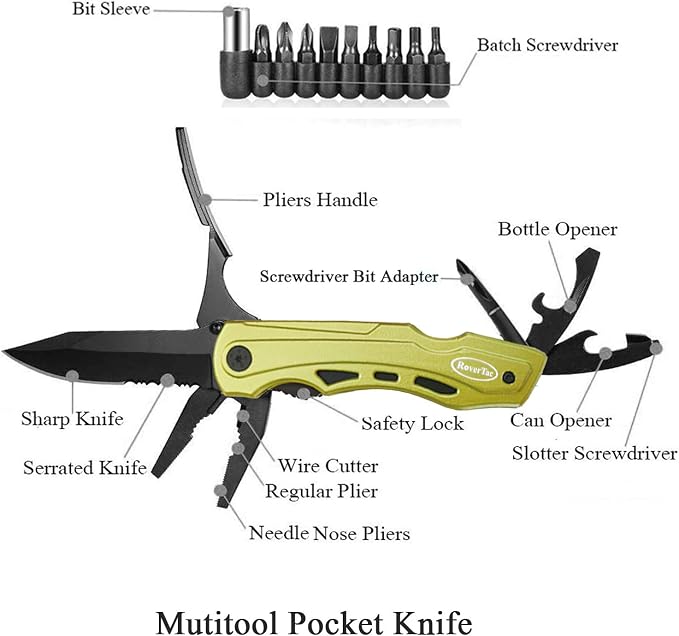 RoverTac 15-in-1 Pocket Multitool Knife - Folding Knife with Pliers, Bottle & Can Opener, Phillips Screwdriver + 9 Bits, Nylon Sheath - EDC Multi Tool for Camping, Hiking & DIY - Gifts for Men & Dad
