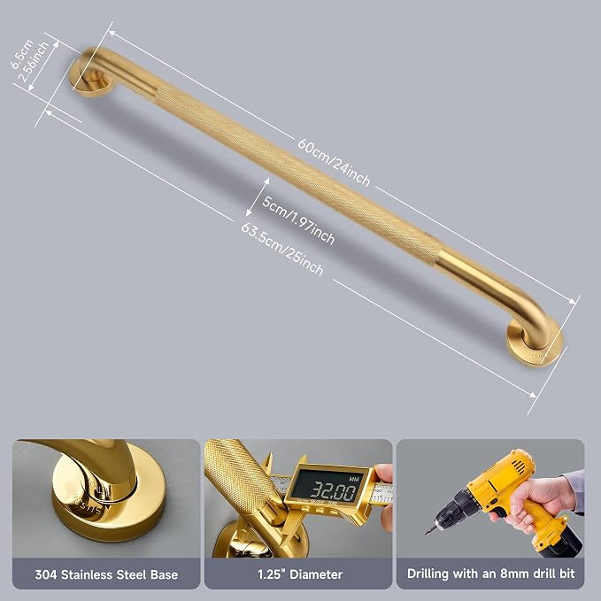 24 Inch Shower Grab Bar 1.25" Dia, 2 Pack Gold Anti Slip Bathroom Grab Bar, 304 Stainless Steel Knurled Handicap Grab Bars, Safety Support Handrail,Bath Shower Handle for Elderly Injury Senior