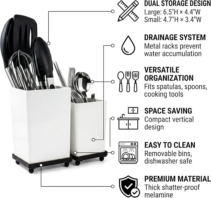 ECOIOU Tiered Counter Utensil Holder Set with 6.5" & 4.7" Removable Drainage Bins, Dual Kitchen Utensil Crock for Cooking Dining Utensils & Spatulas, White