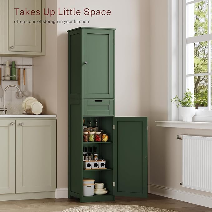 TEENFON Tall Bathroom Cabinet with 2 Doors & 1 Drawer, Narrow Bathroom Storage Cabinet with Adjustable Shelves, for Living Room, Entryway, Kitchen, Forest Green