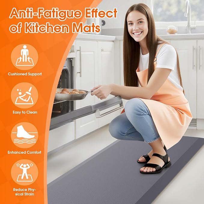 TranquilRelax Kitchen Mat, Cushioned Thick Floor Comfort Mat, with Non-Slip Bottom, Waterproof & Stain Resistant & Easy Clean, Standing Desk Mat for Kitchen, Sink, Office (17.3''x60'', Grey)