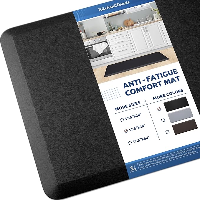 KitchenClouds Kitchen Mat Cushioned Anti Fatigue Kitchen Rug 17.3"x39" Water Resistant Non Slip Kitchen Rugs and Mats Standing Desk Mat Comfort Floor Mats for Kitchen House Sink Office (Black)