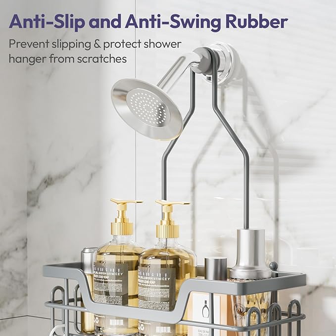 SWTYMIKI Bathroom Shower Caddy Hanging - 3 Tier Rustproof Over Shower Head Organizer, No Drilling Bathroom Shelf with 16 Hooks & Soap Holder, Anti-Swing Rack for Shampoo,Sponge,Towel, Silver, Large