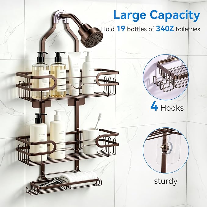 Shower Caddy Hanging, Over Head Shower Caddy Shower Storage Rack Basket with Hooks for Razor and Sponge Rustproof, No Drilling, Accessories for Bathroom and Kitchen, Bronze