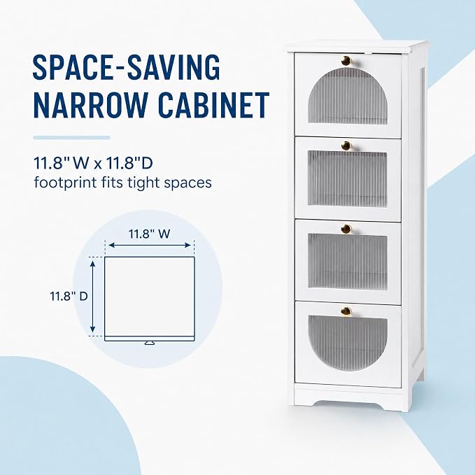Garvee Bathroom Floor Storage Cabinet, Freestanding Storage Organizer with 4 Drawers for Narrow Spaces, Small White Side Cabinet for Living Room Hallway, 11.8" W x 11.8" D x 33.1" H