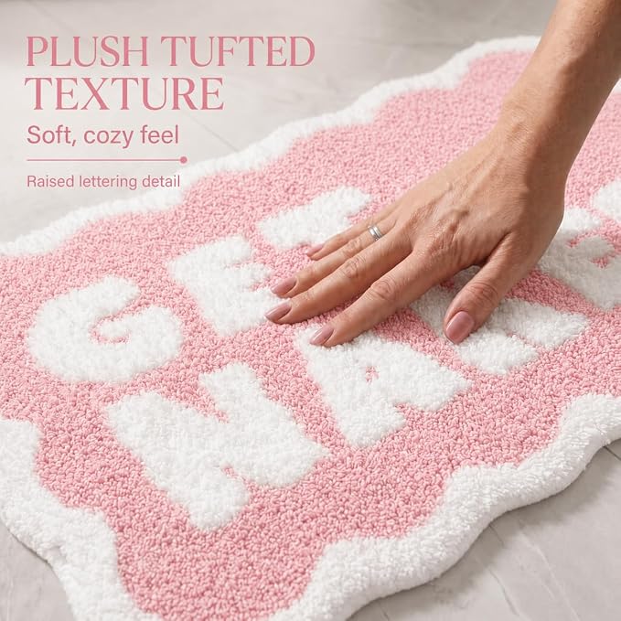 Scalloped Pink Bath Rug, Get Naked Cute Bathroom Rug, Soft Absorbent Quick Dry Bath Mat, TPR Non Slip Backing, Microfiber Mat for Shower Tub Sink Vanity 20" x 31.5"