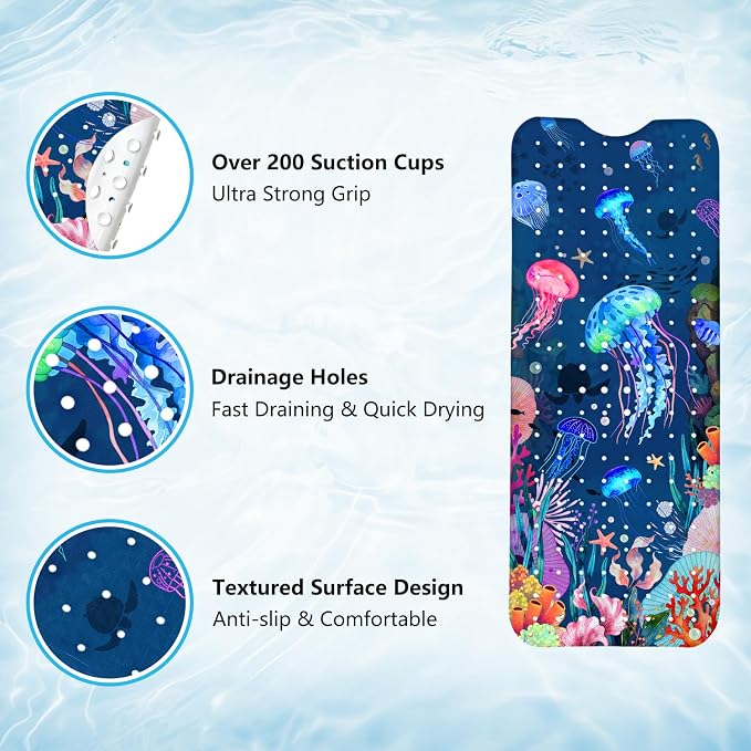 Baby Bath Mat for Tub Non Slip – 40"x16" Extra Long Cartoon Bathtub Mats for Kids Non Slip Shower Mat, Machine Washable, Sea Tub Mats with Suction Cups and Drain Holes for Toddler & Kids (Jellyfish)