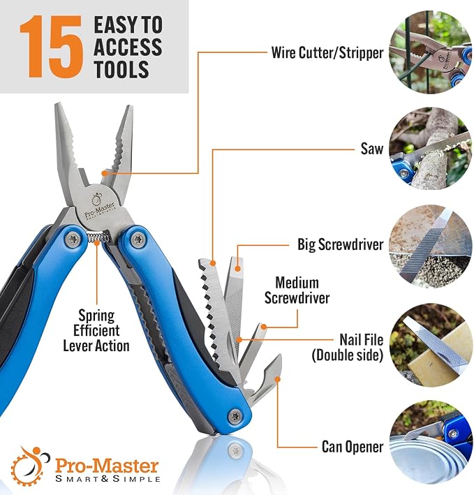 15-in-1 Multitool with Safety Locking, Stainless Steel Pocket Knife & Pliers, Compact EDC Multi Tool for Camping, Hiking, Fishing, Outdoors, Survival, Gift for Men, Father, Husband, Boyfriend