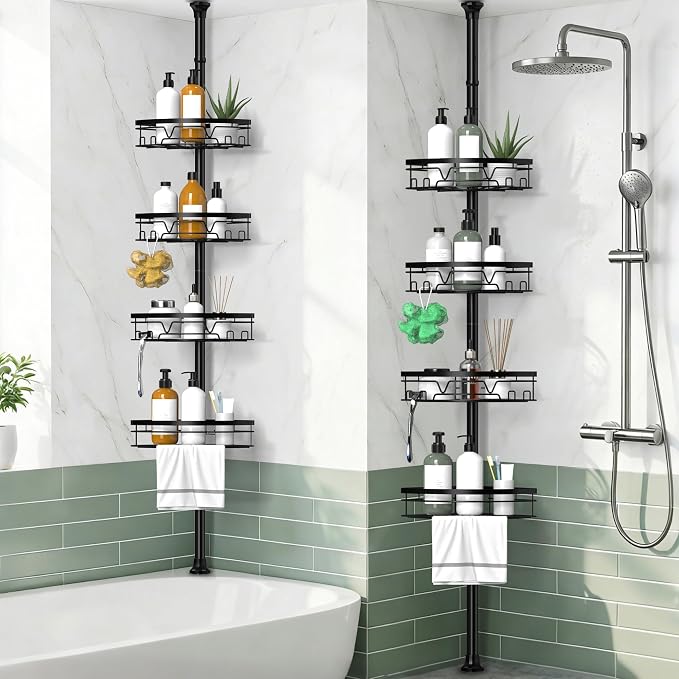 KEGII Corner Shower Caddy Tension Pole, 4-Tier Large Capacity Shower Shelves, Adjustable 52-114.2 Inch No-Drill Rustproof Corner Bathroom Organizer with Towel Bar, Hooks & Razor Holder, Black