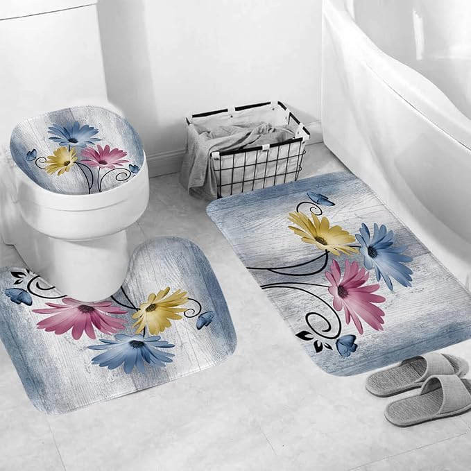 Onalasyc 4PCS Country Hot Pink Daisy Flower Farmhouse Shower Curtain Set with Shower Curtain and Carpet and Accessories, Waterproof Bathroom Shower Curtain Decorative Set with 12 pcs Hooks,71 x 71in