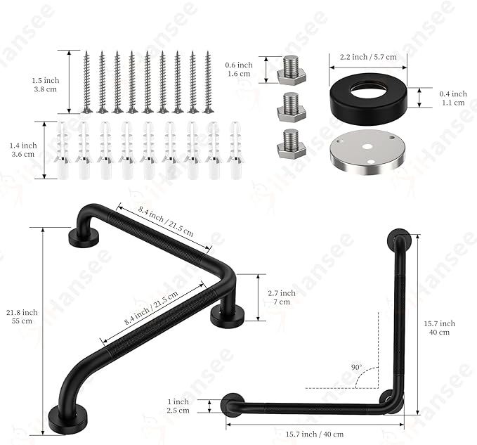 Black Angled Grab Bar 16x16 Inch, Stainless Steel Bathroom Grab Bar w/Anti-Slip Knurled Grip, Wall Mounted Bathtub Toilet Safety Handrail for Elderly Senior, L-Shaped Grab Bar for Shower