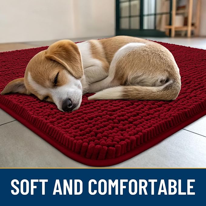 Smiry Dog Door Mat for Muddy Paws 70x35, Absorbent Dirt Trapper, Non-Slip Washable Chenille Entryway Rug for Inside Floor, Burgundy, Classic Solid
