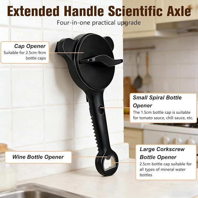 Multi-Functional 4-in-1 Jar & Bottle Opener, Adjustable Grip for Lids 1-3.5 Inches, Magnetic Stainless Steel Can Opener with Ergonomic Handle, Easy Open Kitchen Tool (1-Pack, Black)