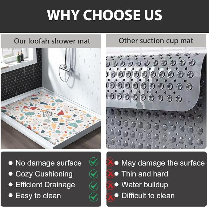 Non Slip Shower Mat: 32x24 Inch Extra Large Shower Mats for Inside Shower with Drain Hole in Middle - Soft PVC Loofah Anti Slip Shower Floor Mat for Standing and Walk-in Shower, Quick Drying