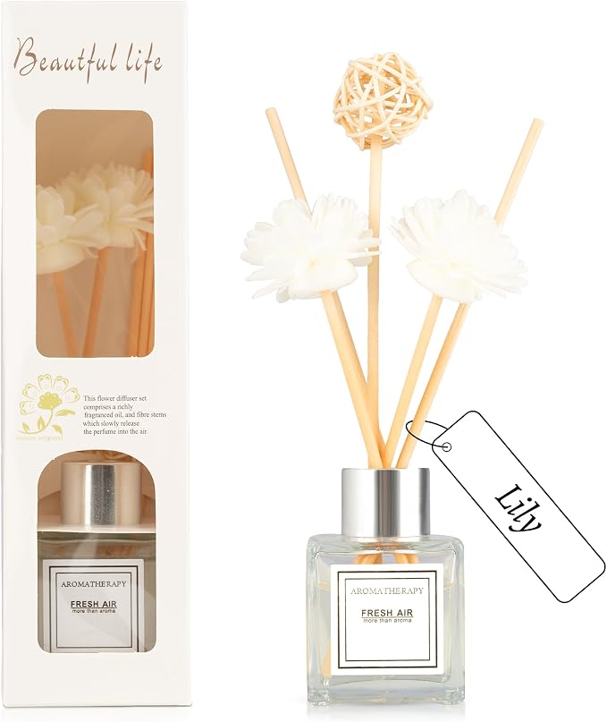 Reed Diffuser Set, 1.7 fl oz Scent Diffuser with Sticks, Lily Scent for Bathroom Accessories Shelf Decor, Air Fresheners for Home, Home Fragrance Products, House Office Room Decor Aesthetic & Gift