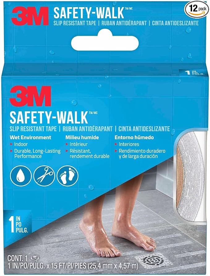 3M Safety-Walk Slip Resistant Tape, 1 in x 15 ft, Anti Slip Clear, Ideal for Slippery & Wet Conditions, Self-Adhesive Backing, Quick & Easy Application, Long-Lasting (220C-R1X180) (Pack of 12)