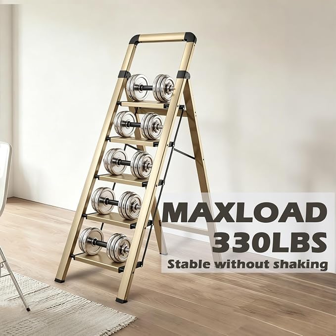 Step Ladder 5-Step Champagne Finish Aluminum Folding Ladders