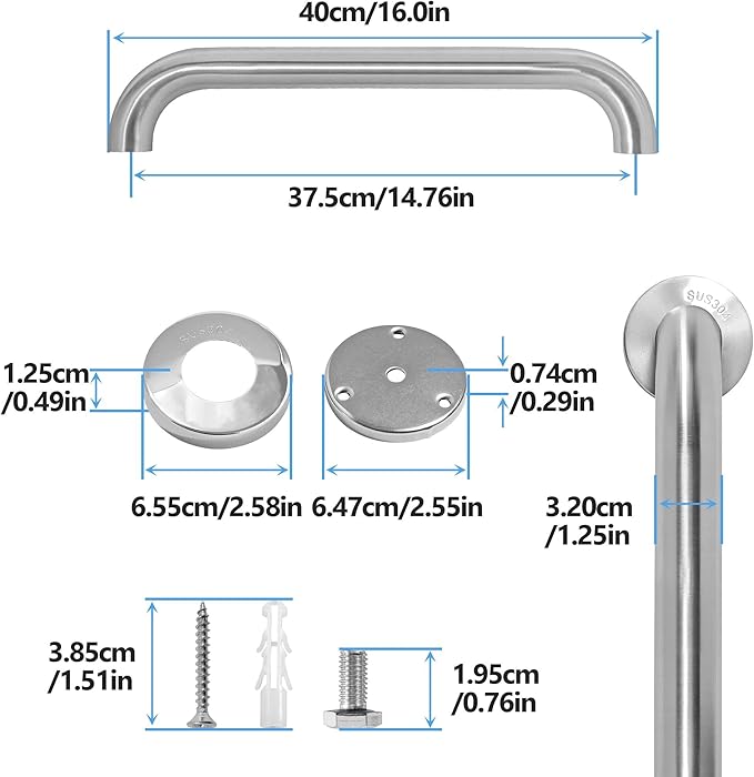 Shower Grab Bar, 2 Pack 16 Inch Brushed Nickel Bathroom Safety Bar, 1.25" Diameter 304 Stainless Steel Grab Bars for Bathtubs and Showers, Handicap Shower Grab Bar for Seniors Elderly