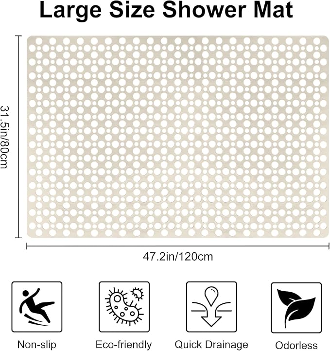 Anti Slip Shower Mat with Suction Cups,31.5x47.2 Inch Quick Drain TPE Non Slip Shower Mats for Inside Shower,Large Bath Mat for Shower Soft on Feet, Easy to Dry&Cut Machine Washable
