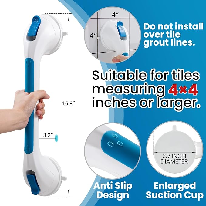 TAILI Shower Grab Bar Glow in The Dark, 2 Pack 16.8 in Grab Bars for Bathtubs and Showers,Shower Handles Rails for Seniors and Elderly,Bathroom Safety Grip Removable No Drilling Waterproof Blue,G9
