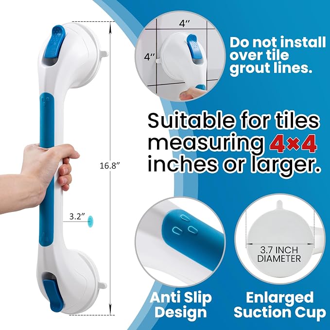 TAILI Shower Grab Bar Glow in The Dark, 16.8 in Grab Bars for Bathtubs, Shower Handles Bath Rails for Seniors and Elderly, Bathroom Safety Grip Removable No Drilling Waterproof Blue (Pack of 2)