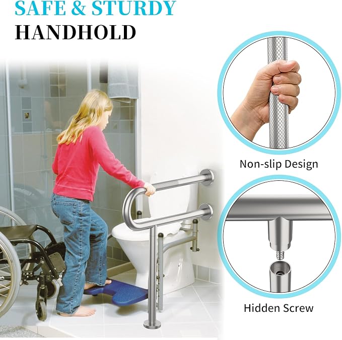 Toilet Support Rail 24 Inch, Munzong Anti-Slip Satin Brushed Nickel Handicap Grab Bar for Bathroom, Stainless Steel Knurled Safety handrails with Leg for Elderly Disabled Pregnant-1.25’Tube