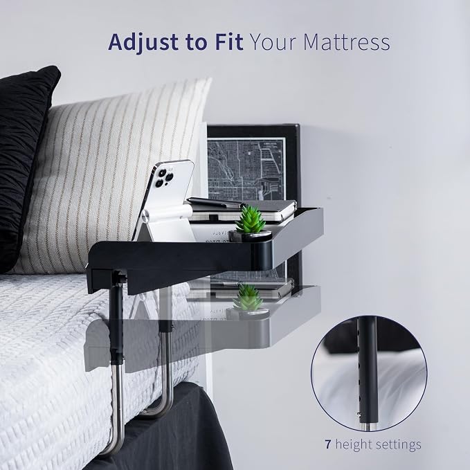 Height Adjustable Under Mattress 17 inch Bedside Shelf, Works with Lofts and Beds Without Frames, Heavy Duty Storage Tray, Fits Laptops, Books, and Drinks, Nightstand Alternative, Black