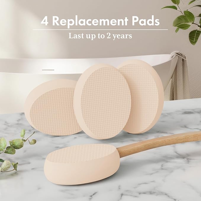 AmazerBath Lotion Applicator for Back, Feet, 4 Replacement Pads with 17" Curved Handle, Back Sunscreen Applicator for Kids, Elderly, Women, Apply Skin Cream Medicine Moisturizer Tanner, Ivory White