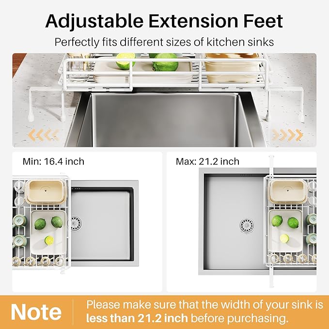 SNTD Dish Drying Rack - Extendable Dish Rack, Large Sink Drying Dish Drainer for Kitchen Counter, Stainless Steel Dish Strainer with Utensil Holder (White)